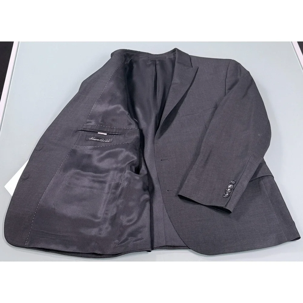 KENNETH COLE Solid Gray 100% Wool Mens Peek Lapel Suit Jacket - 44 Short